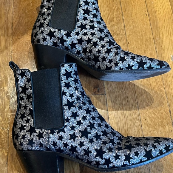 Saint Laurent Women Black Silver Glitter Suede Stars Ankle Cowboy Boot - Picture 3 of 11